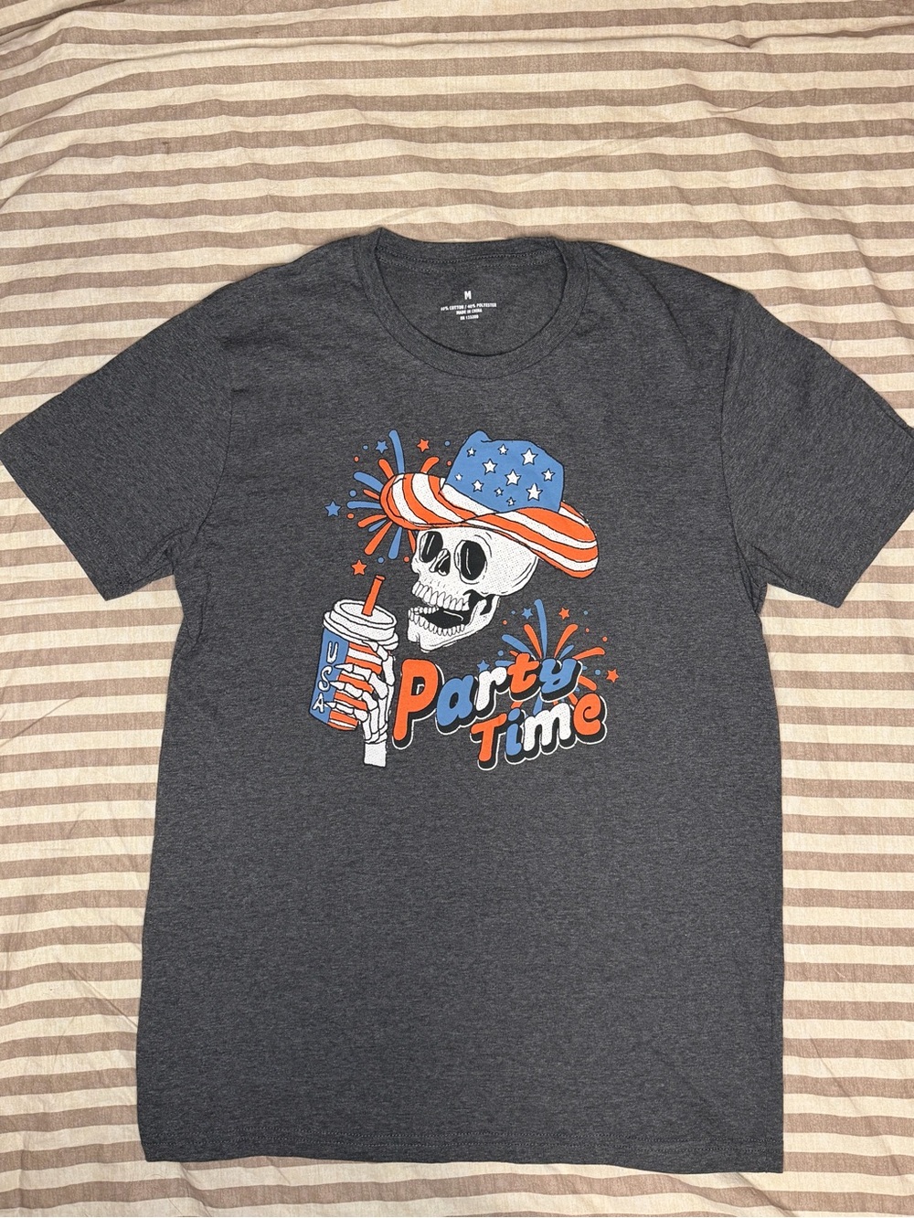 Patriotic USA Party Time Skull Graphic With Cowboy Hat Tee - Dark Gray
